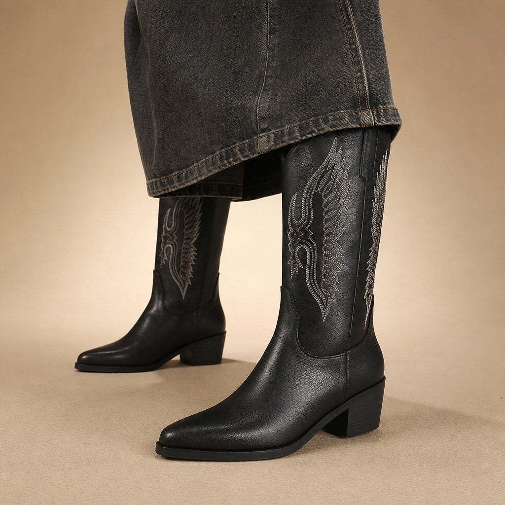 Chic And Casual Wide Calf Cowboy Boots Black – Product Photo