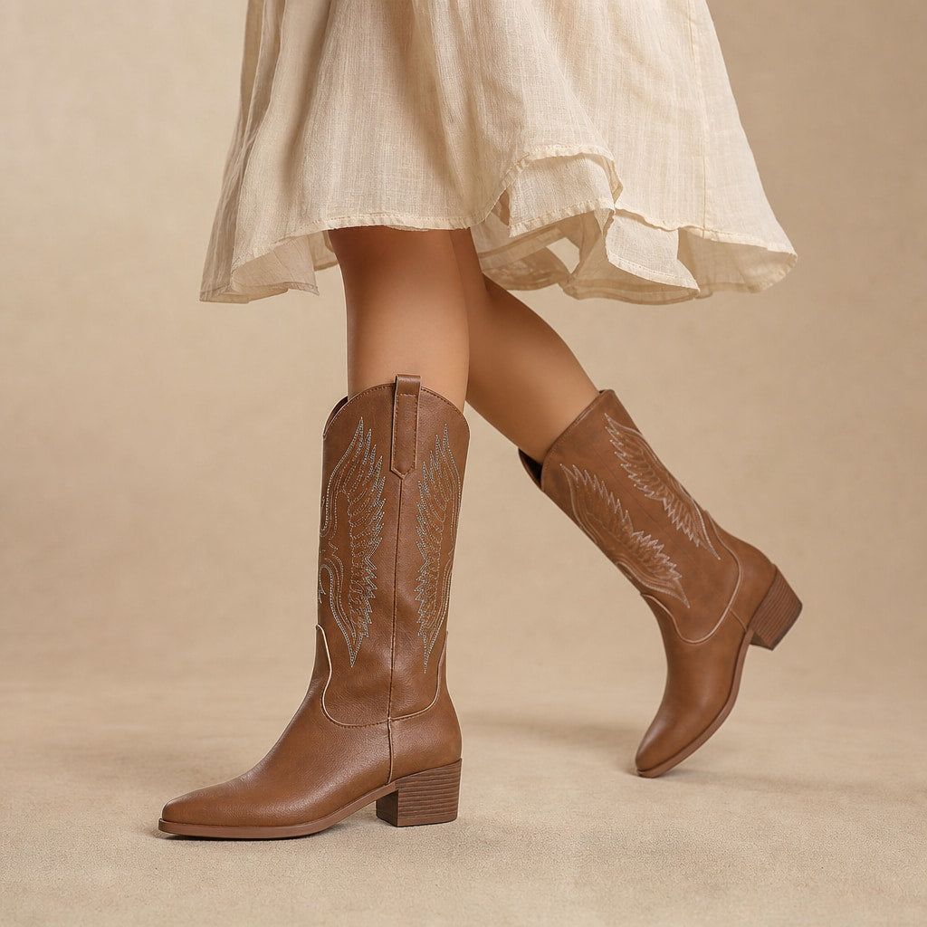Chic And Casual Wide Calf Cowboy Boots Light Brown – Product Photo