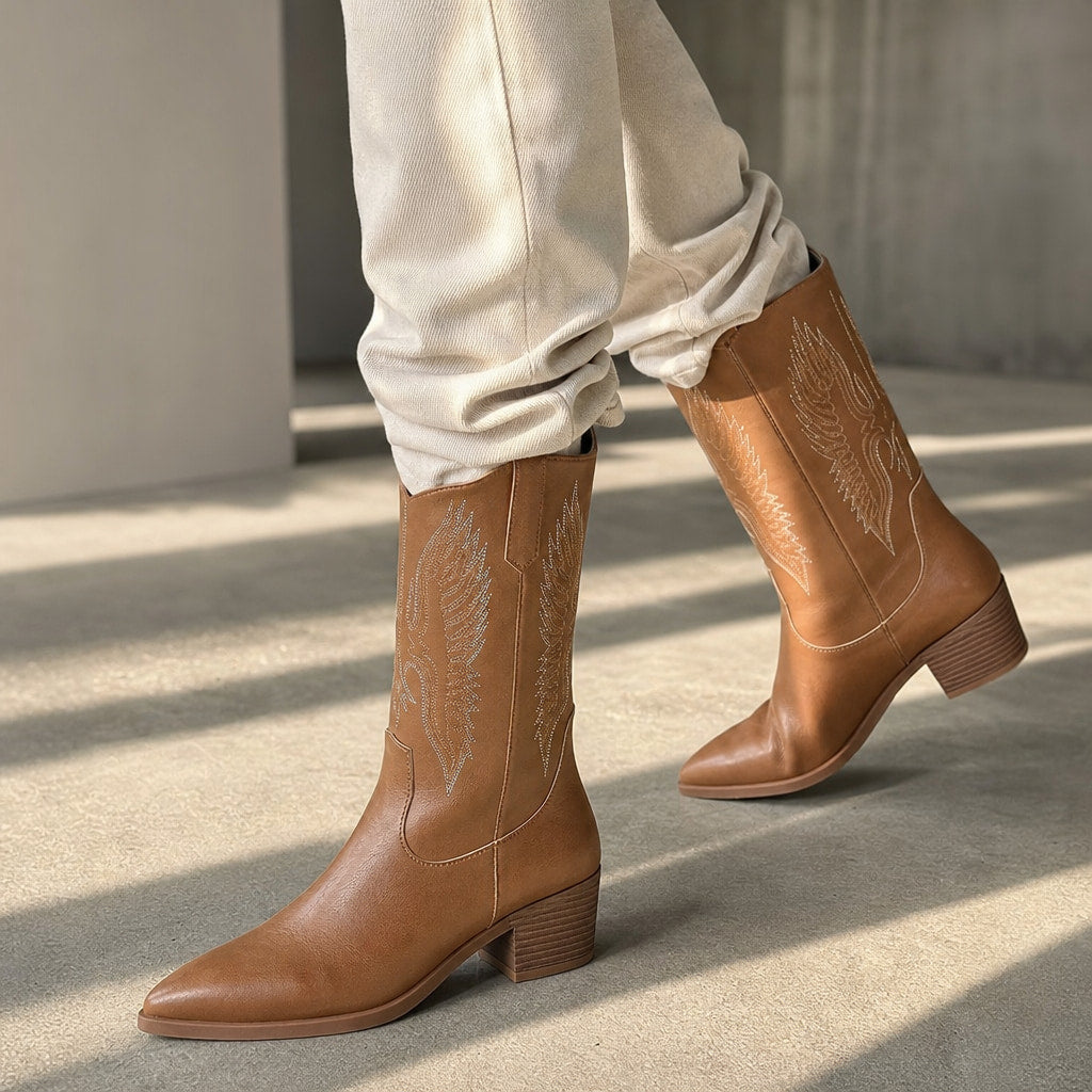 Chic And Casual Wide Calf Cowboy Boots Light Brown – Styled Editorial Shot, Detail
