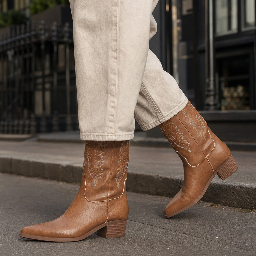 Chic And Casual Wide Calf Cowboy Boots Light Brown – Styled Editorial Shot