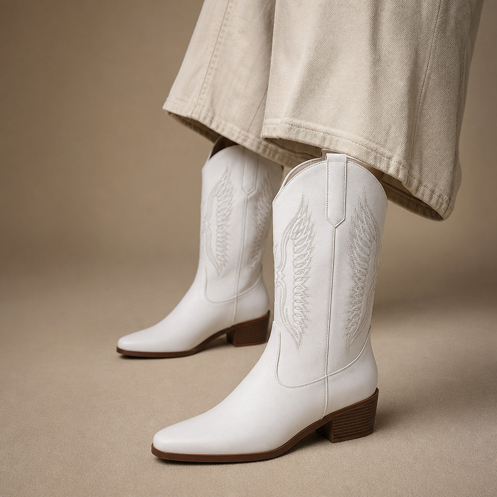Chic And Casual Wide Calf Cowboy Boots White – Product Photo