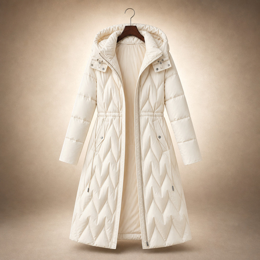 Chloe Quilted Hooded Coat Pearl White – Product Photo