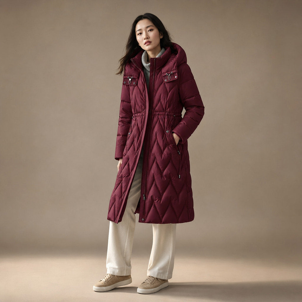 Chloe Quilted Hooded Coat Rose Red – Side Angle View