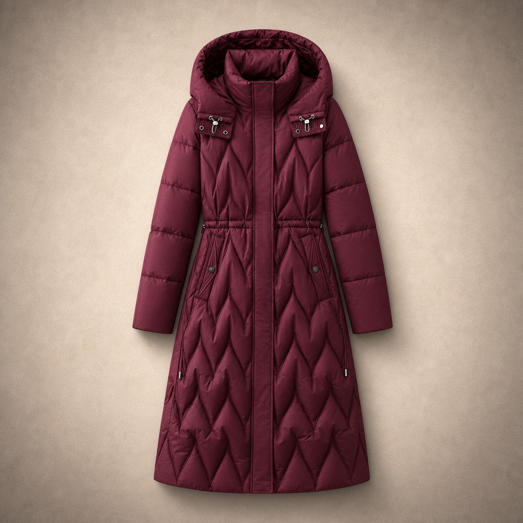 Chloe Quilted Hooded Coat Rose Red – Flat Lay Product Photo
