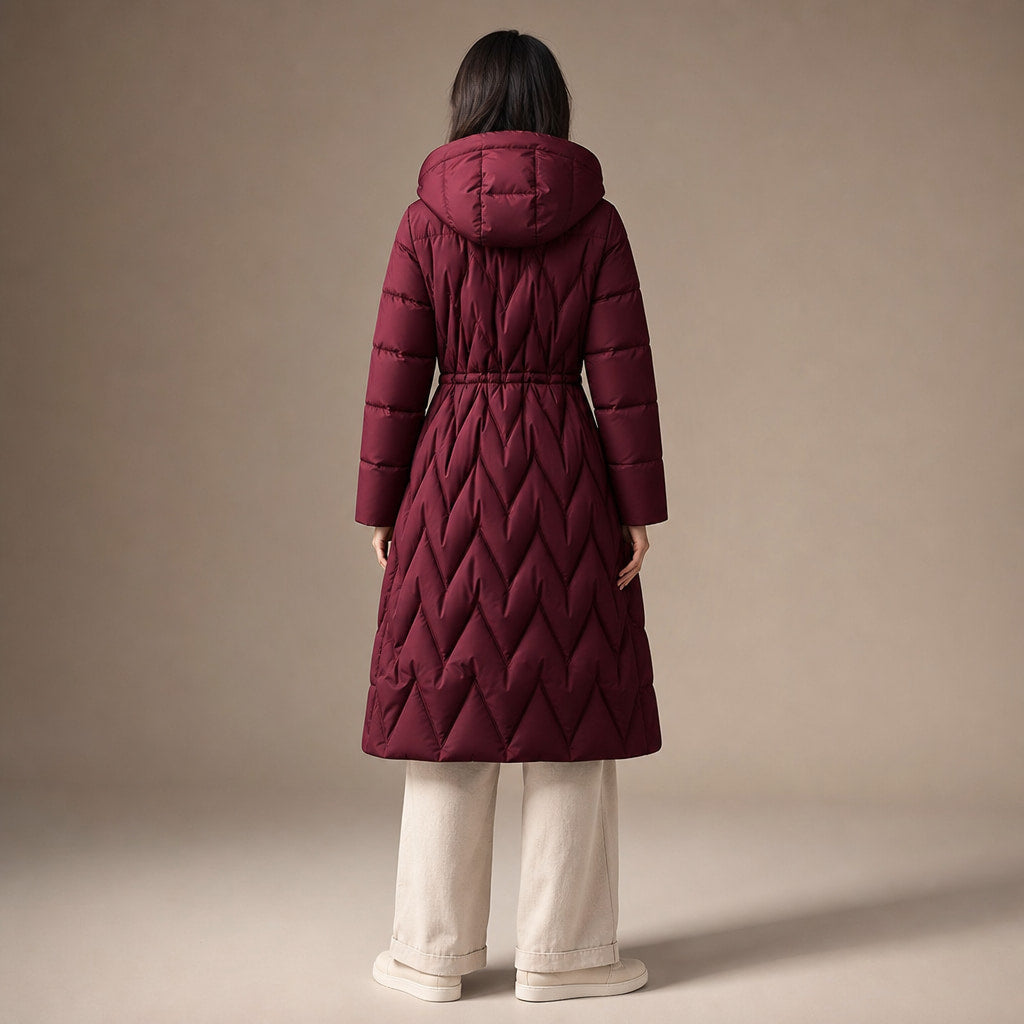 Chloe Quilted Hooded Coat Rose Red – Full Look