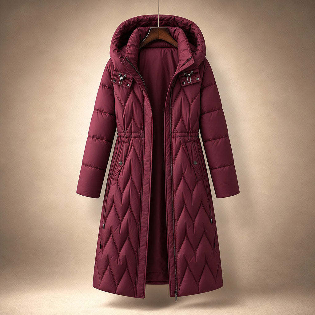 Chloe Quilted Hooded Coat Rose Red – Product Photo