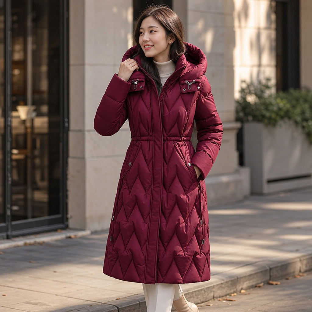 Chloe Quilted Hooded Coat Rose Red – Styled Editorial Shot