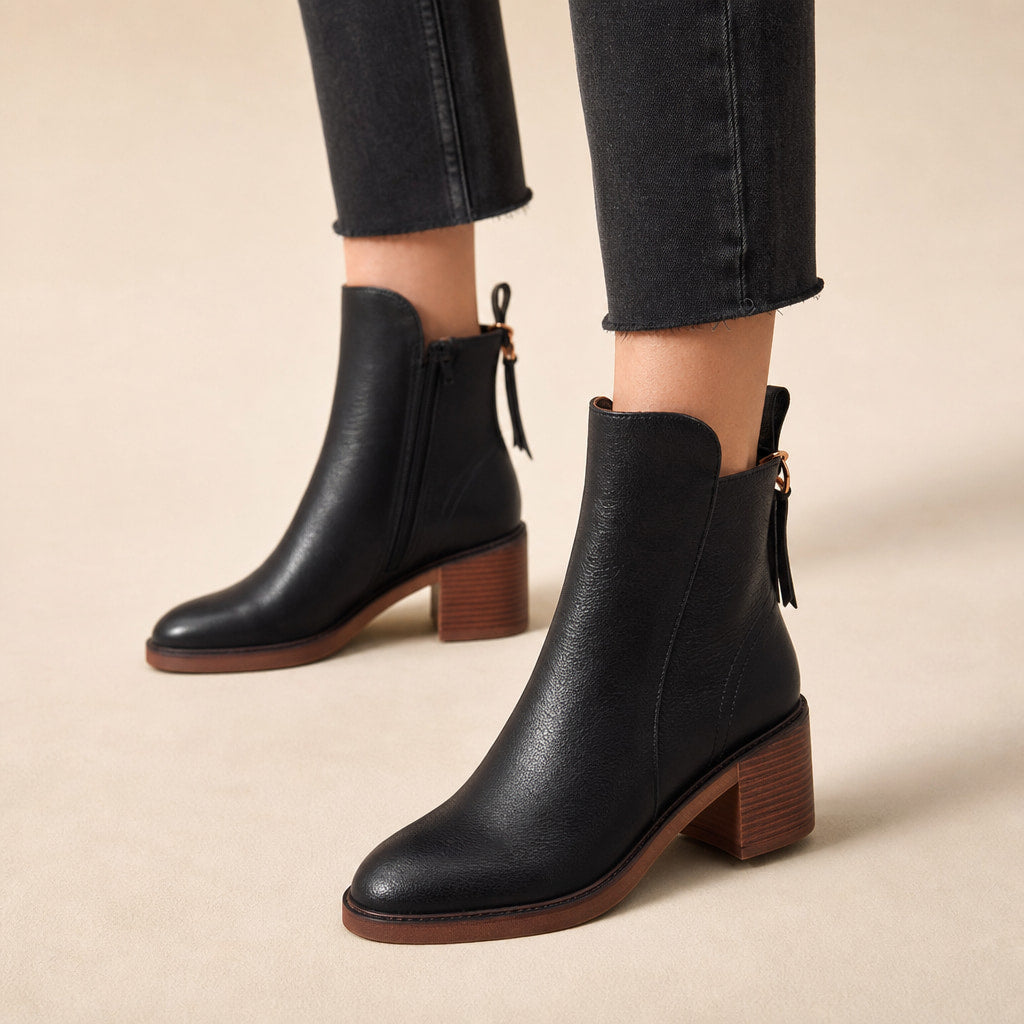 Classic And Sophisticated Leather Block-Heel Ankle Boots Black – Product Photo
