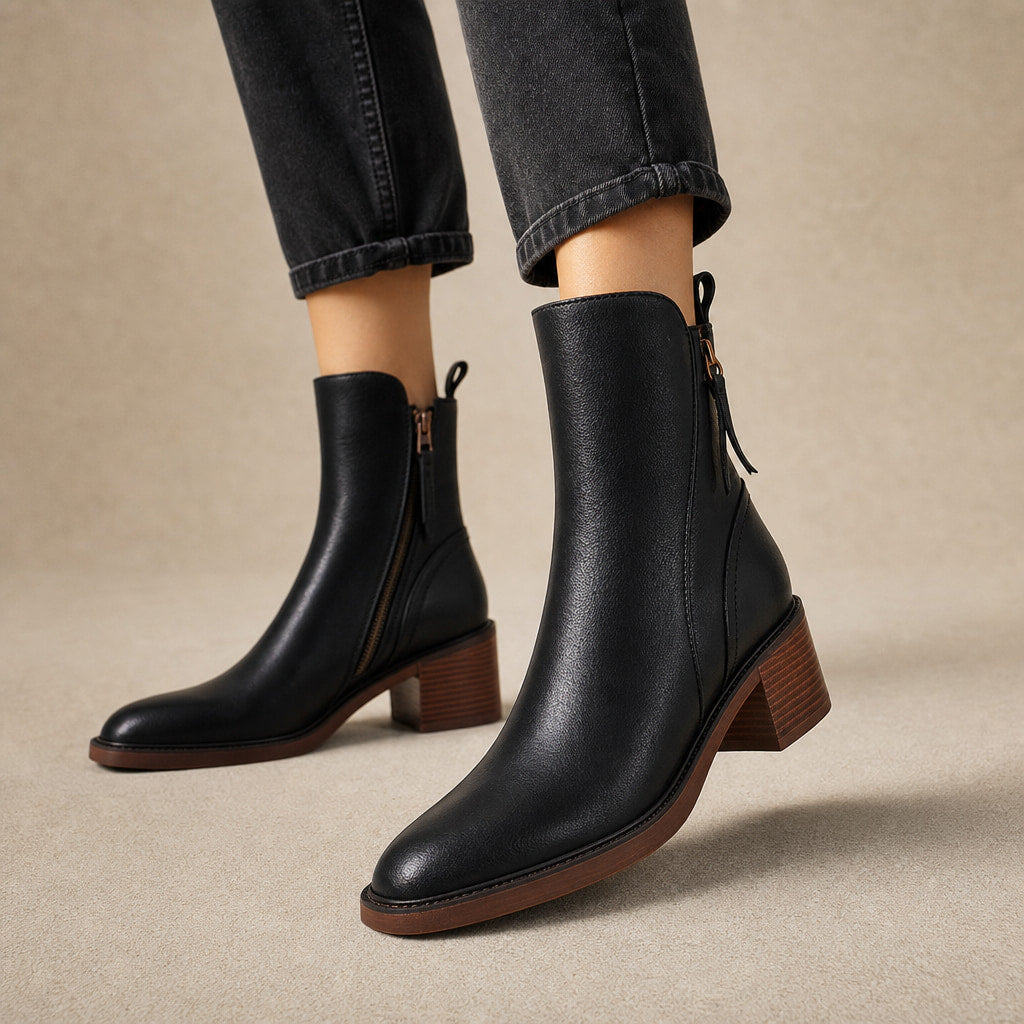 Classic And Sophisticated Leather Block-Heel Ankle Boots in Black – Mampierimoda Premium Womenswear
