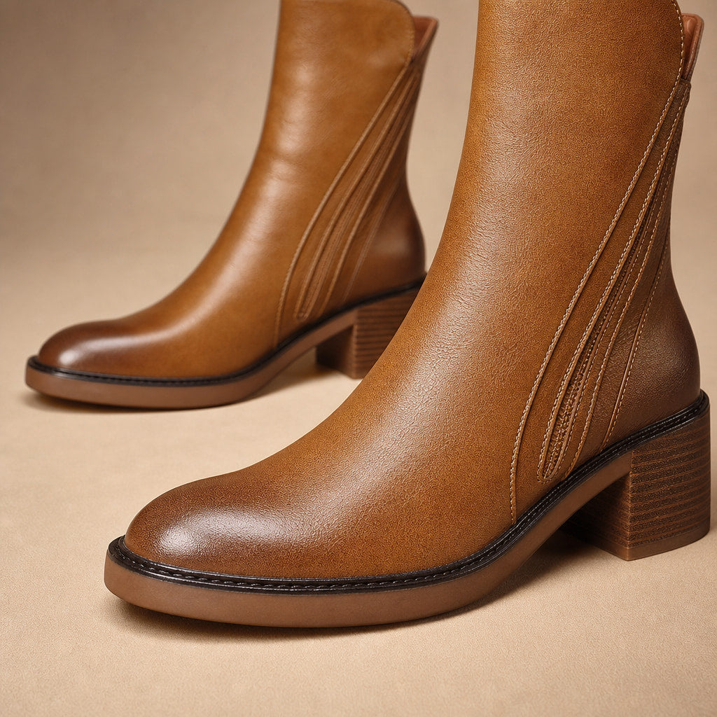 Classic And Sophisticated Leather Block-Heel Ankle Boots Brown – Fabric and Detail Close-Up