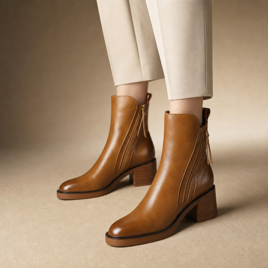 Classic And Sophisticated Leather Block-Heel Ankle Boots in Brown – Mampierimoda Premium Womenswear