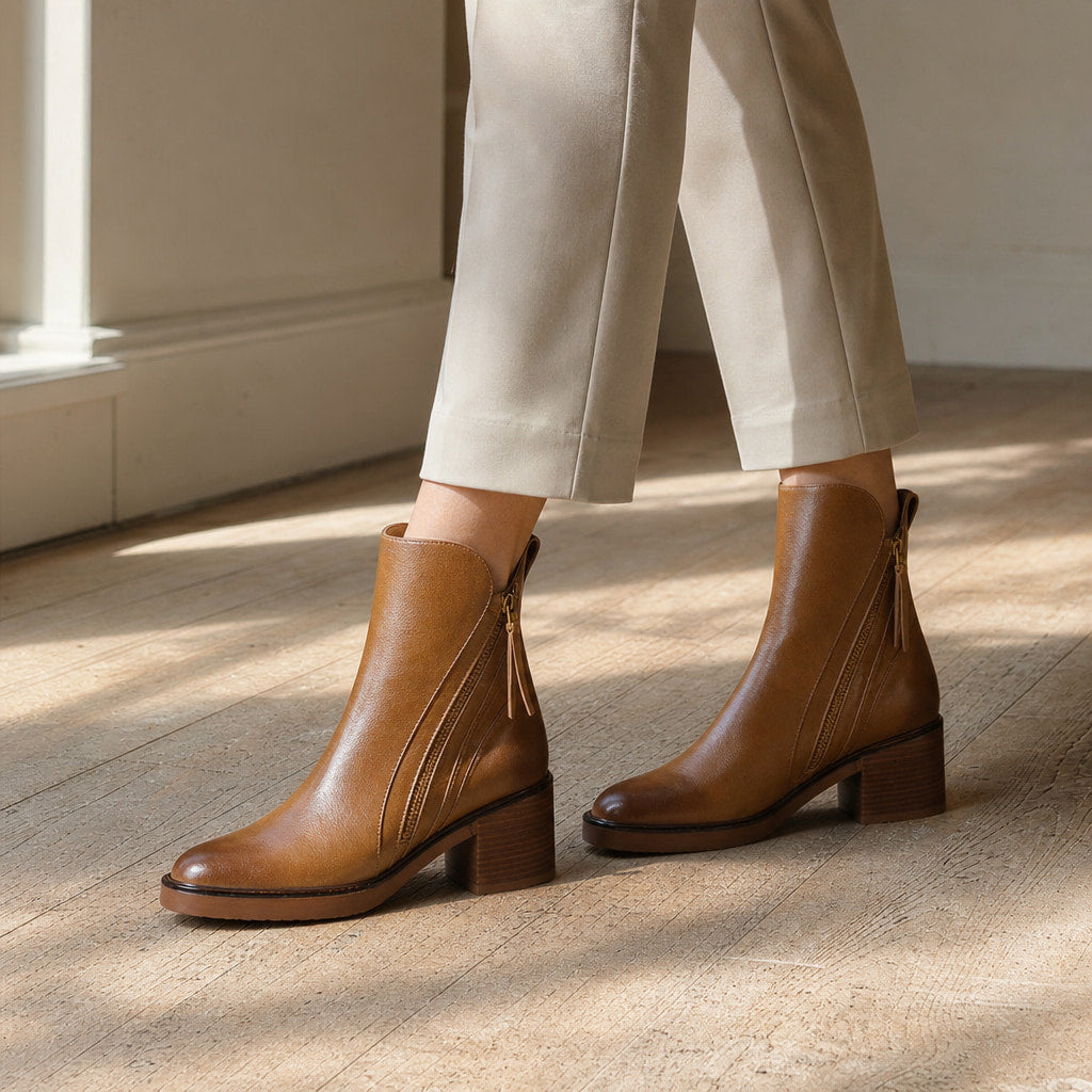 Classic And Sophisticated Leather Block-Heel Ankle Boots Brown – Styled Editorial Shot, Detail