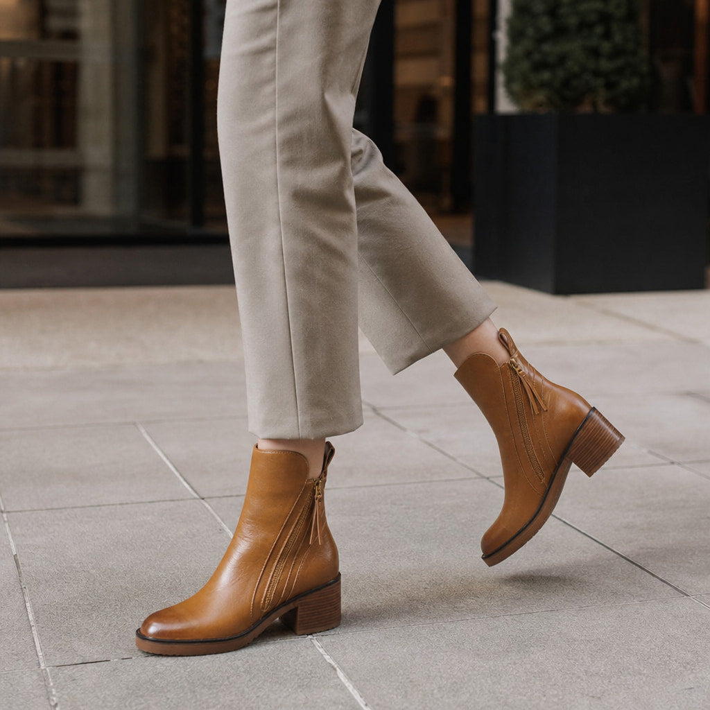 Classic And Sophisticated Leather Block-Heel Ankle Boots Brown – Styled Editorial Shot