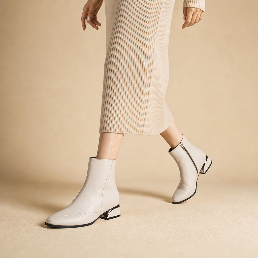 Elegant And Modern Low Heel Ankle Boots Off-White – Product Photo