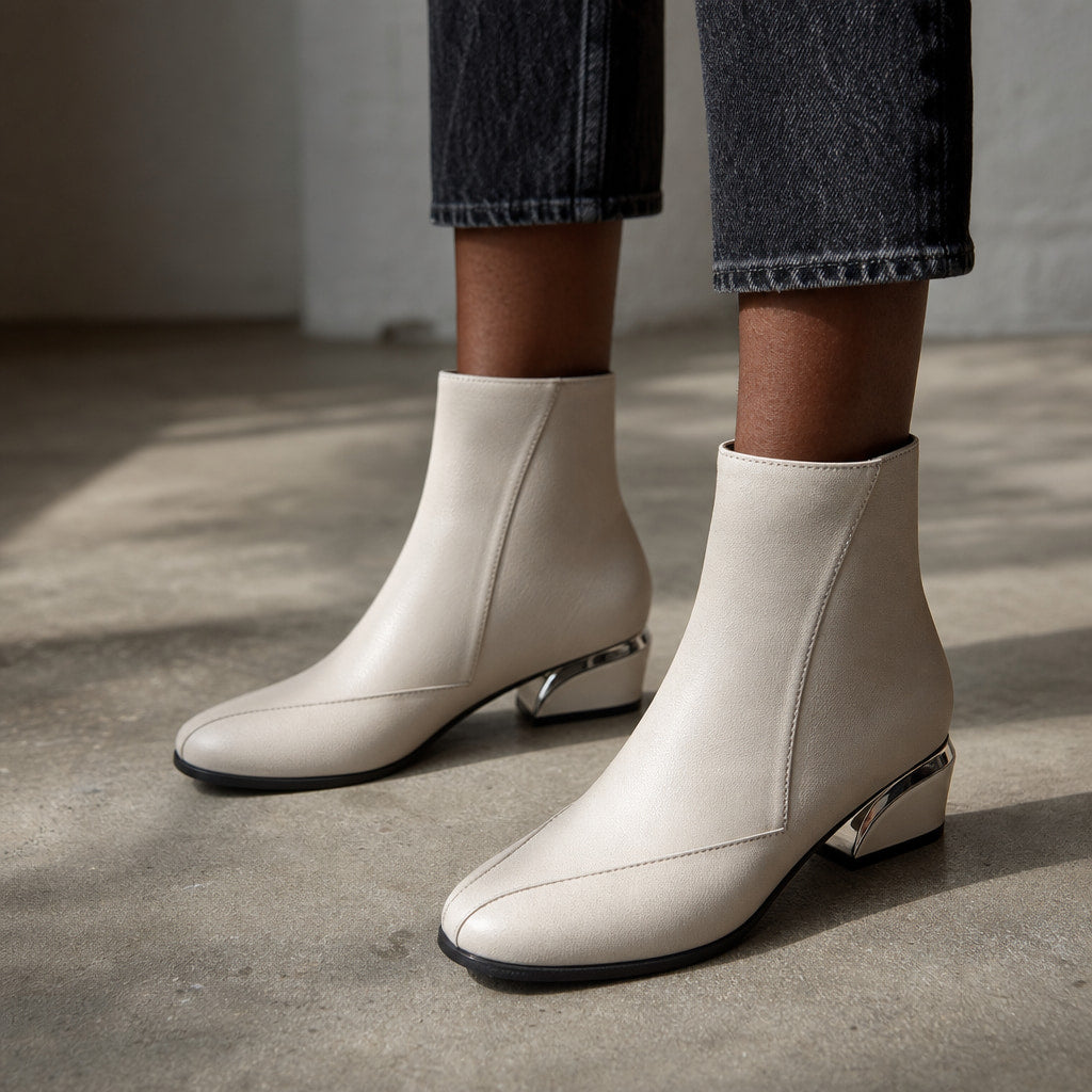 Elegant And Modern Low Heel Ankle Boots Off-White – Styled Editorial Shot, Detail