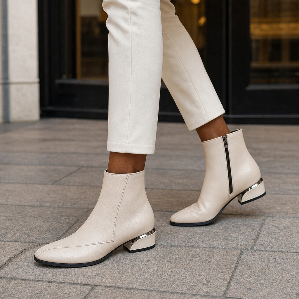 Elegant And Modern Low Heel Ankle Boots Off-White – Styled Editorial Shot