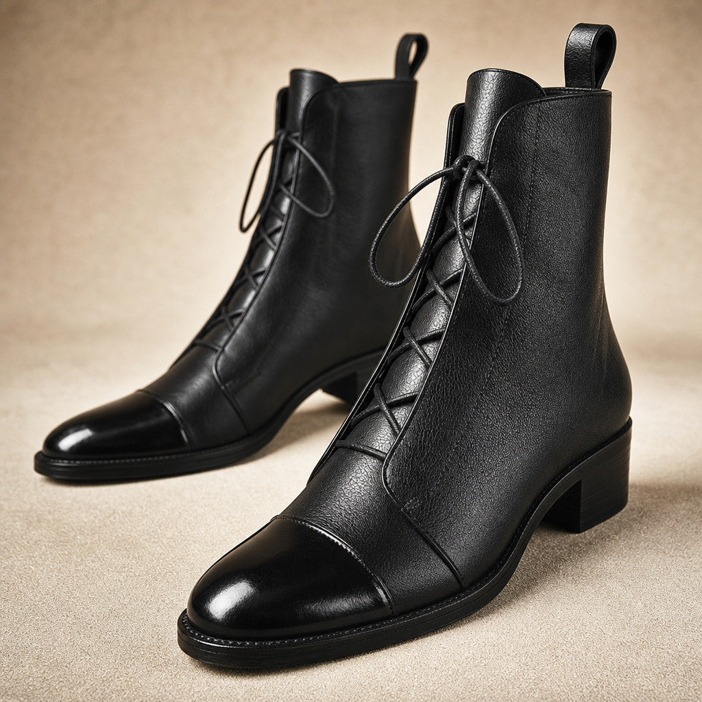 Elegant And Premium Leather Women's Boots Black – Fabric and Detail Close-Up