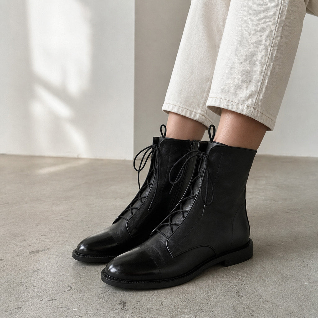 Elegant And Premium Leather Women's Boots Black – Styled Editorial Shot, Detail