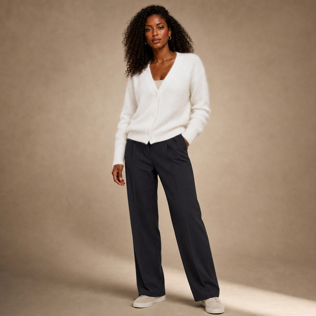 Clara-Pearl V-Neck Sweater White – Side Angle View