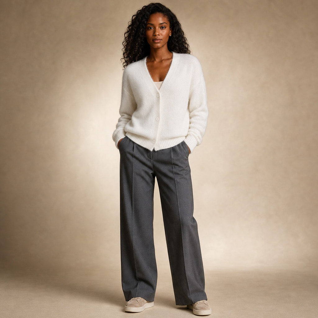 Clara-Pearl V-Neck Sweater White – Full Look