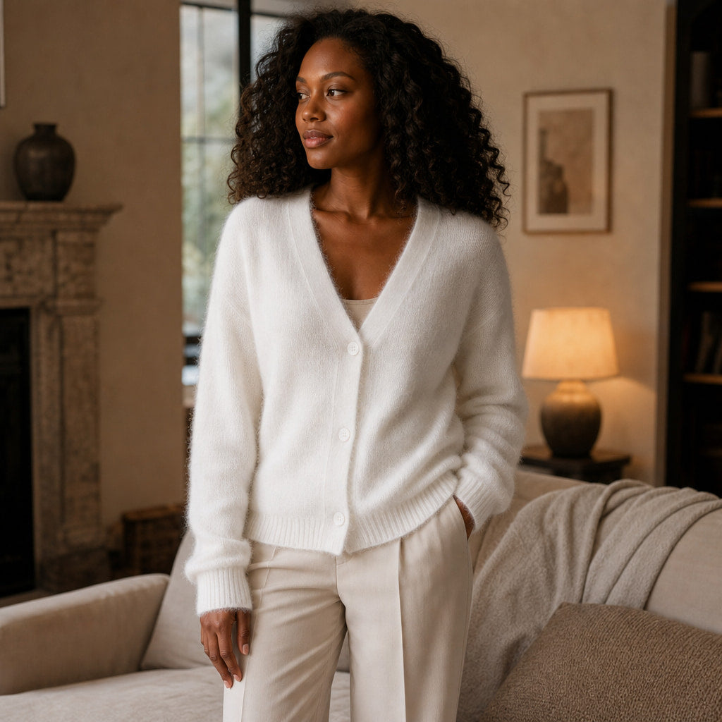 Clara-Pearl V-Neck Sweater White – Styled Editorial Shot
