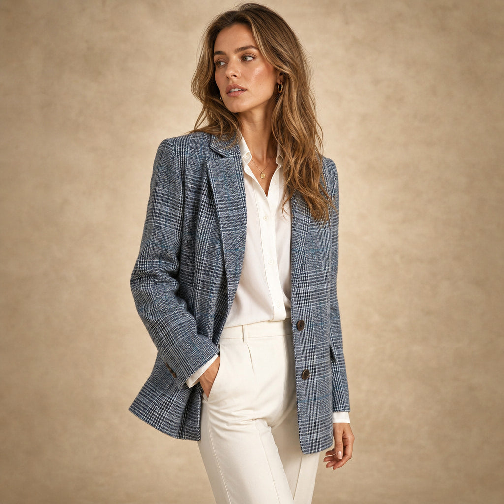 Classic Plaid Blazer for Women Blue – Side Angle View