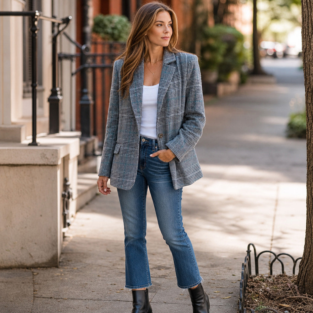 Classic Plaid Blazer for Women Blue – Styled Editorial Shot