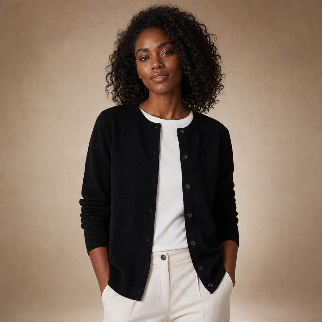 Classic Soft Women's Crew Neck Cardigan in Black – Mampierimoda Premium Womenswear