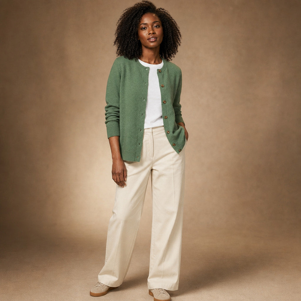 Classic Soft Women's Crew Neck Cardigan Green – Side Angle View
