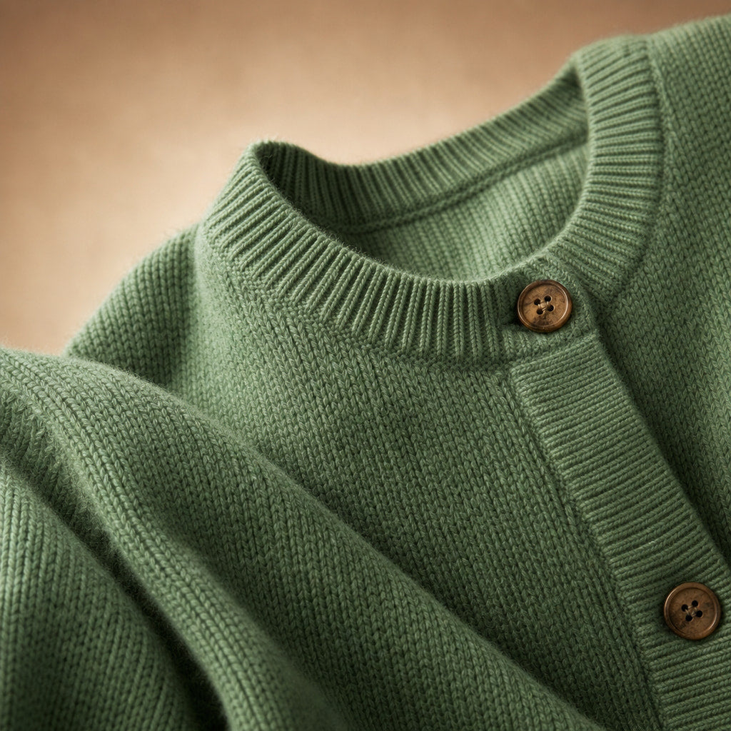 Classic Soft Women's Crew Neck Cardigan Green – Fabric and Detail Close-Up