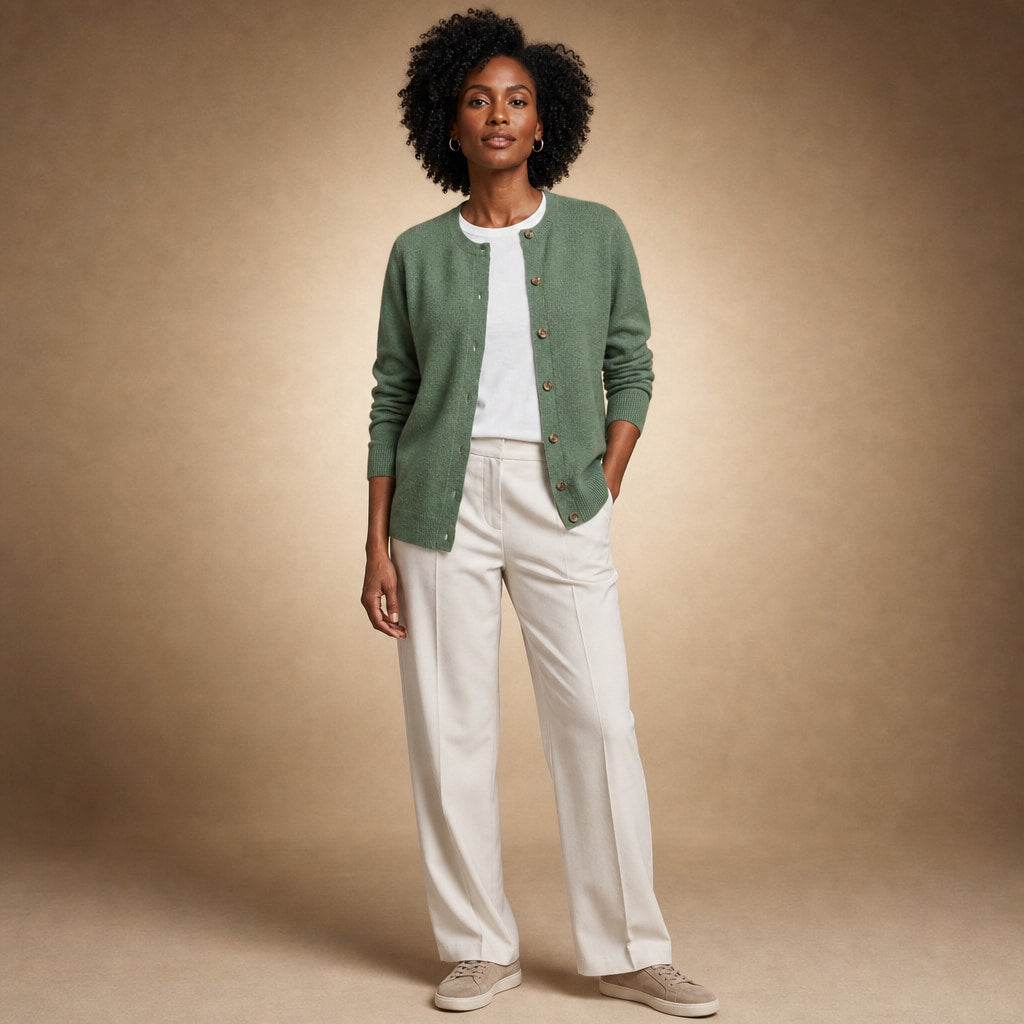 Classic Soft Women's Crew Neck Cardigan Green – Full Look