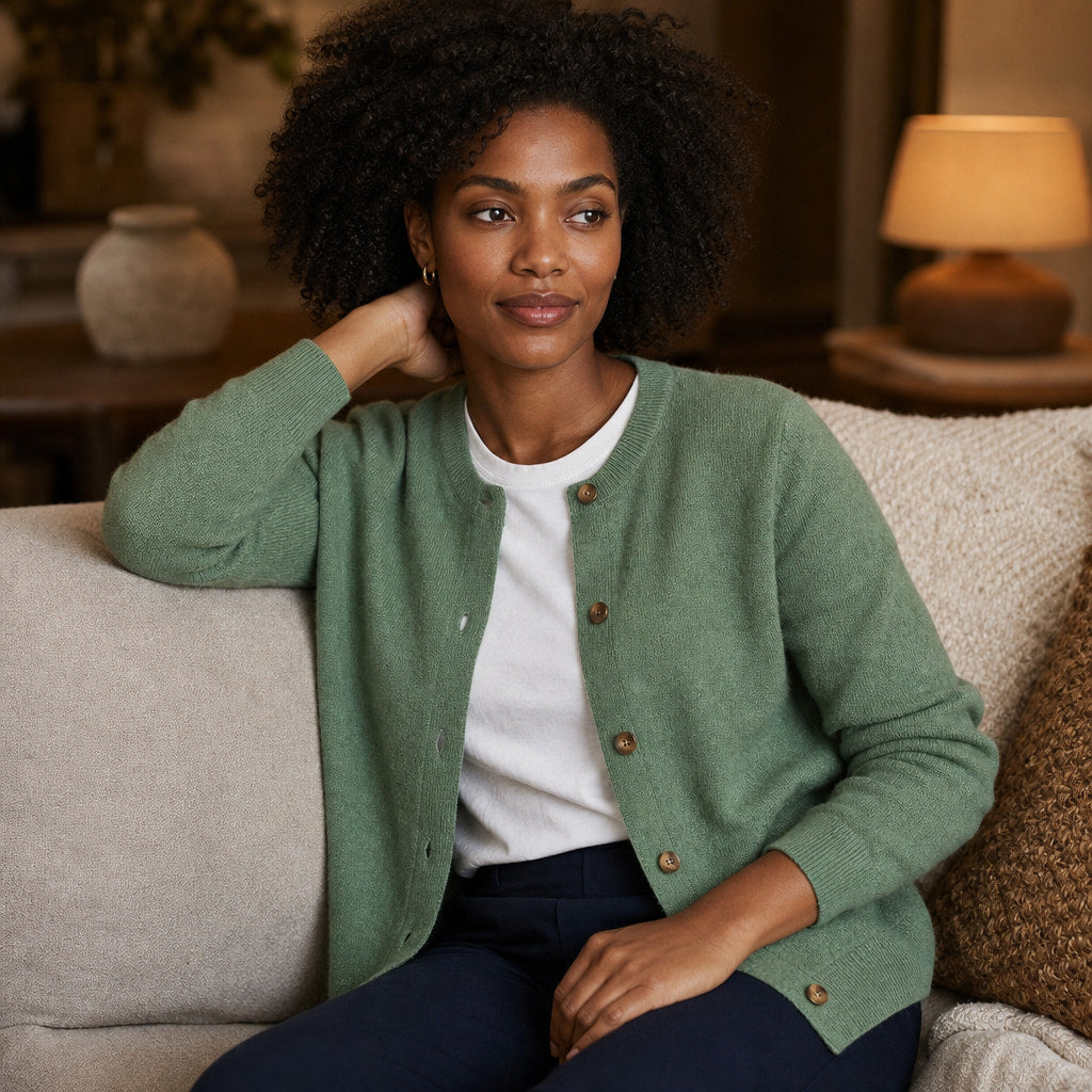 Classic Soft Women's Crew Neck Cardigan Green – Styled Editorial Shot