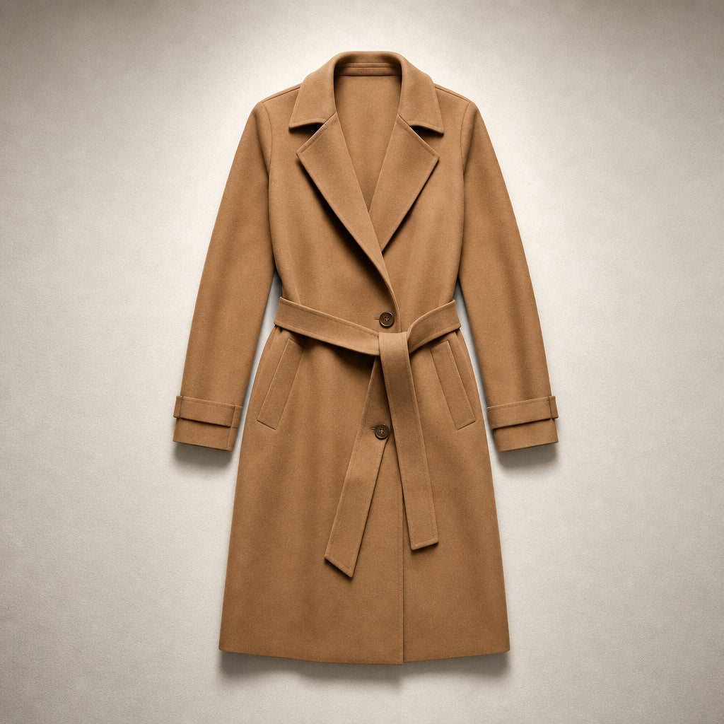 Wool Winter Coat Satin-Lined Camel – Flat Lay Product Photo