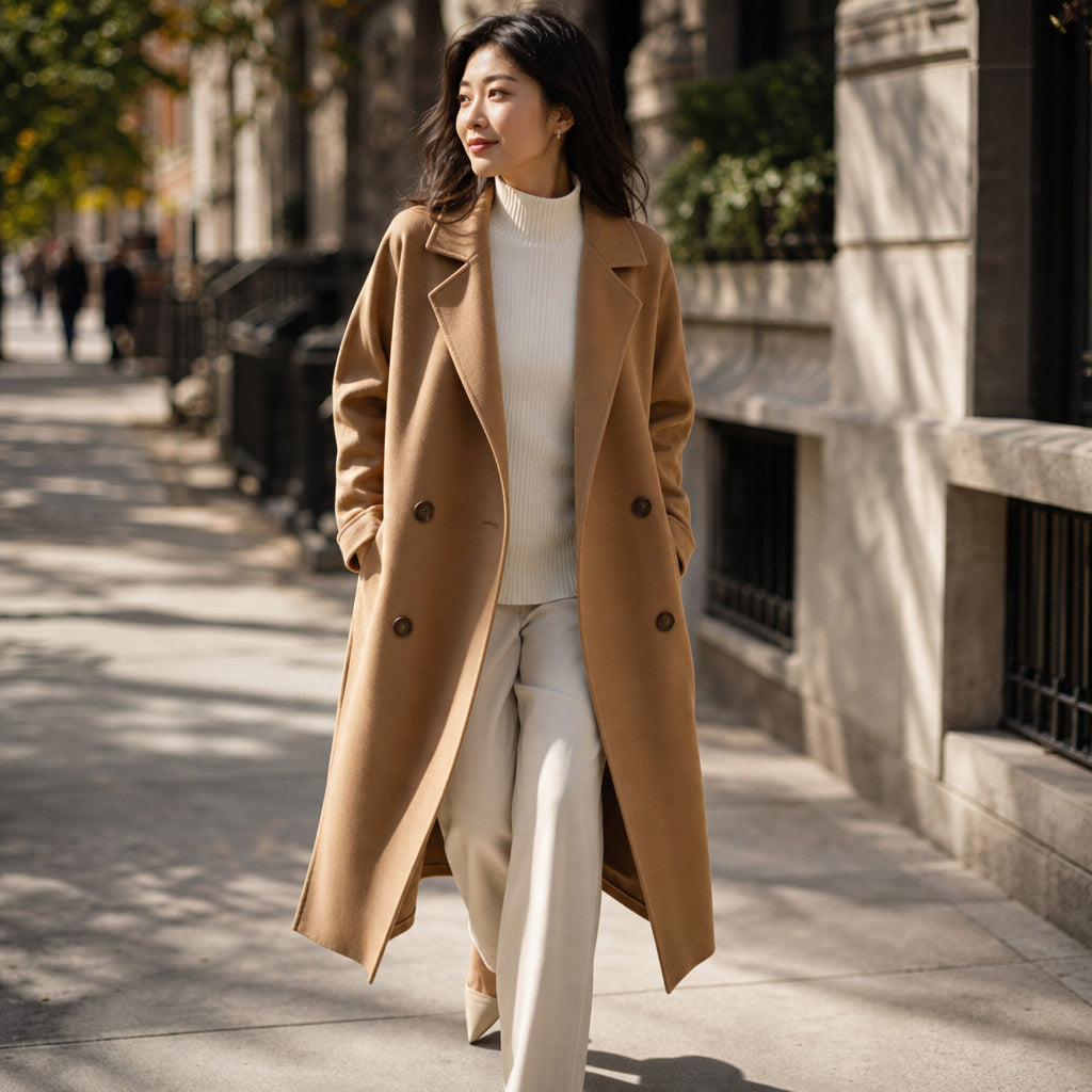 Wool Winter Coat Satin-Lined Camel – Styled Editorial Shot
