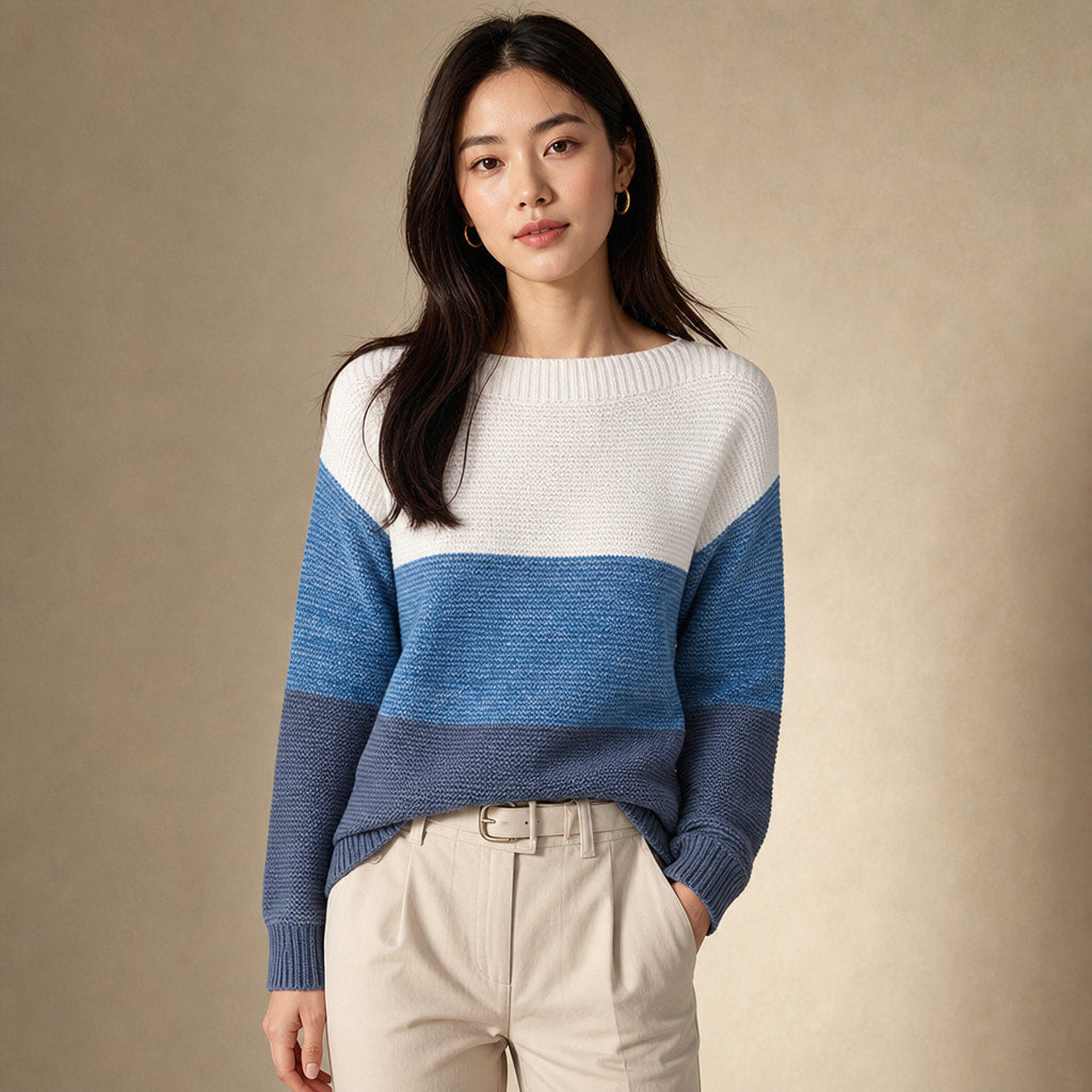 Color Block Knit Sweater for Women - Modern Comfort for Everyday Wear in Blue – Mampierimoda Premium Womenswear