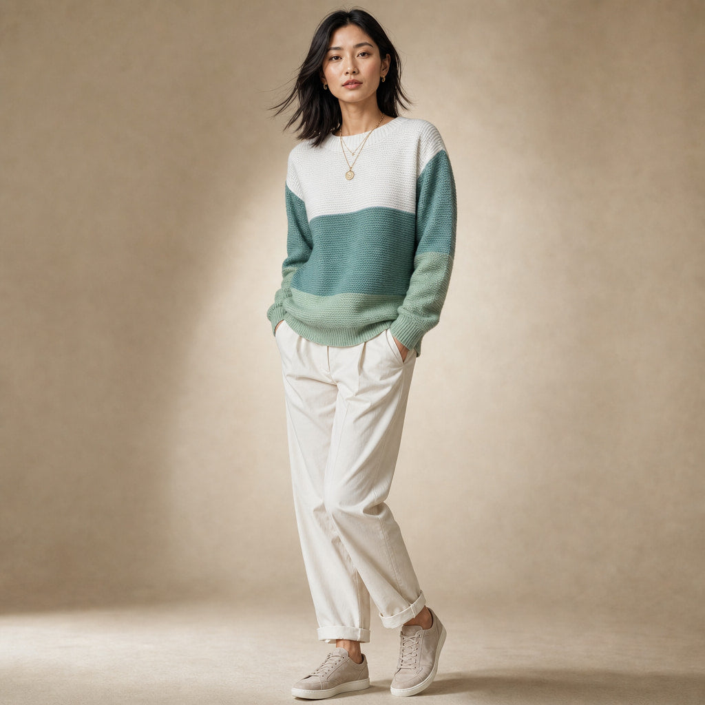 Color Block Knit Sweater for Women - Modern Comfort for Everyday Wear Green – Side Angle View