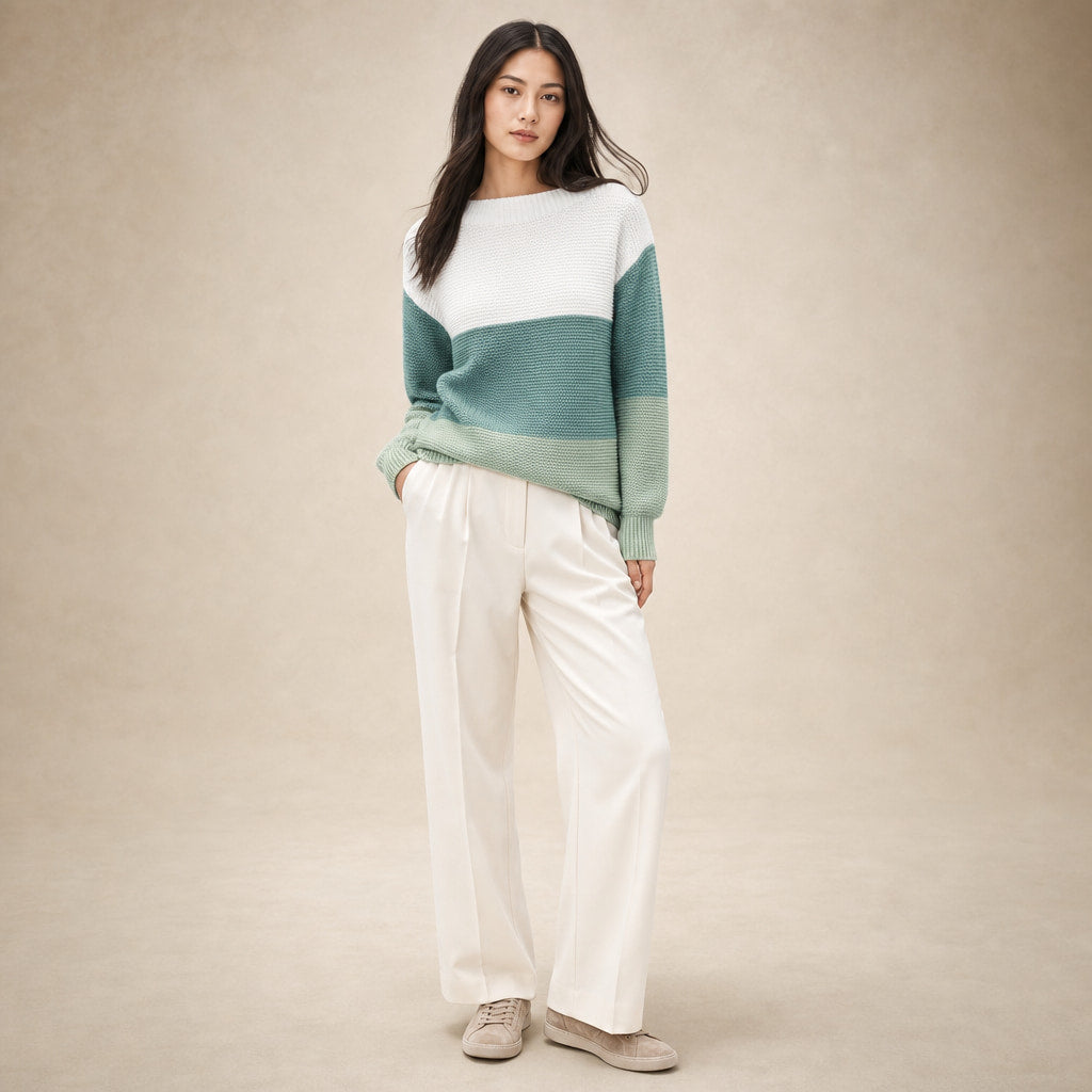 Color Block Knit Sweater for Women - Modern Comfort for Everyday Wear Green – Full Look