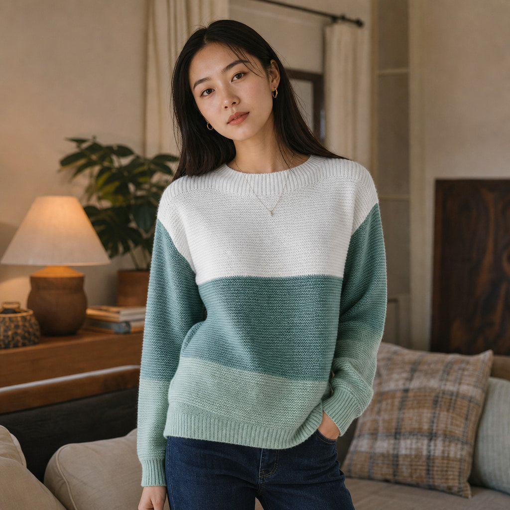 Color Block Knit Sweater for Women - Modern Comfort for Everyday Wear Green – Styled Editorial Shot