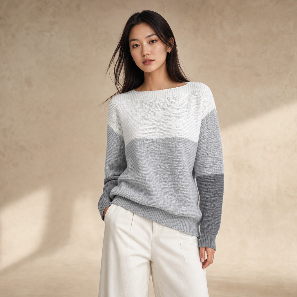Color Block Knit Sweater for Women - Modern Comfort for Everyday Wear in Light Gray – Mampierimoda Premium Womenswear