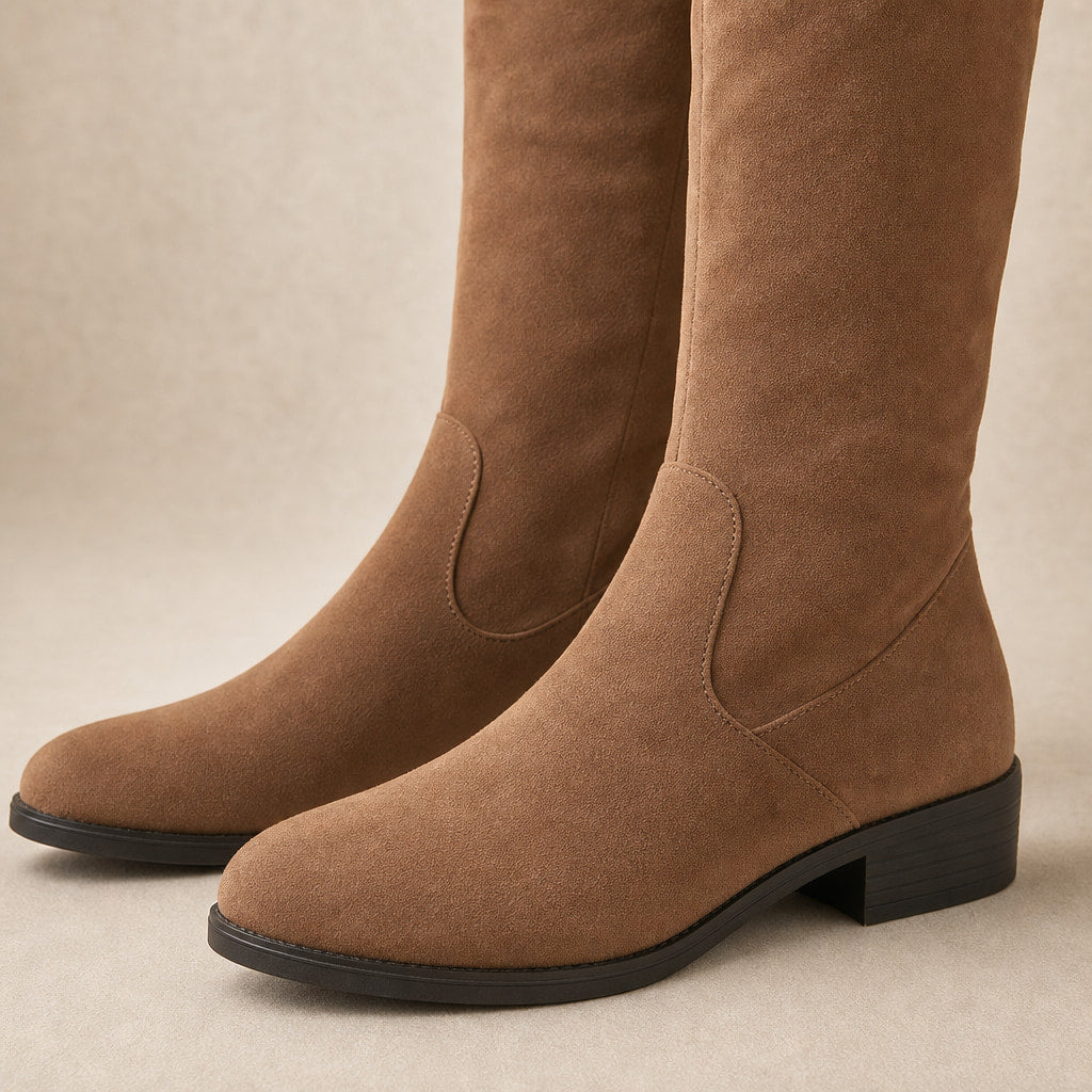 Cordelia - Women's Over-the-Knee Suede Boots Brown – Fabric and Detail Close-Up