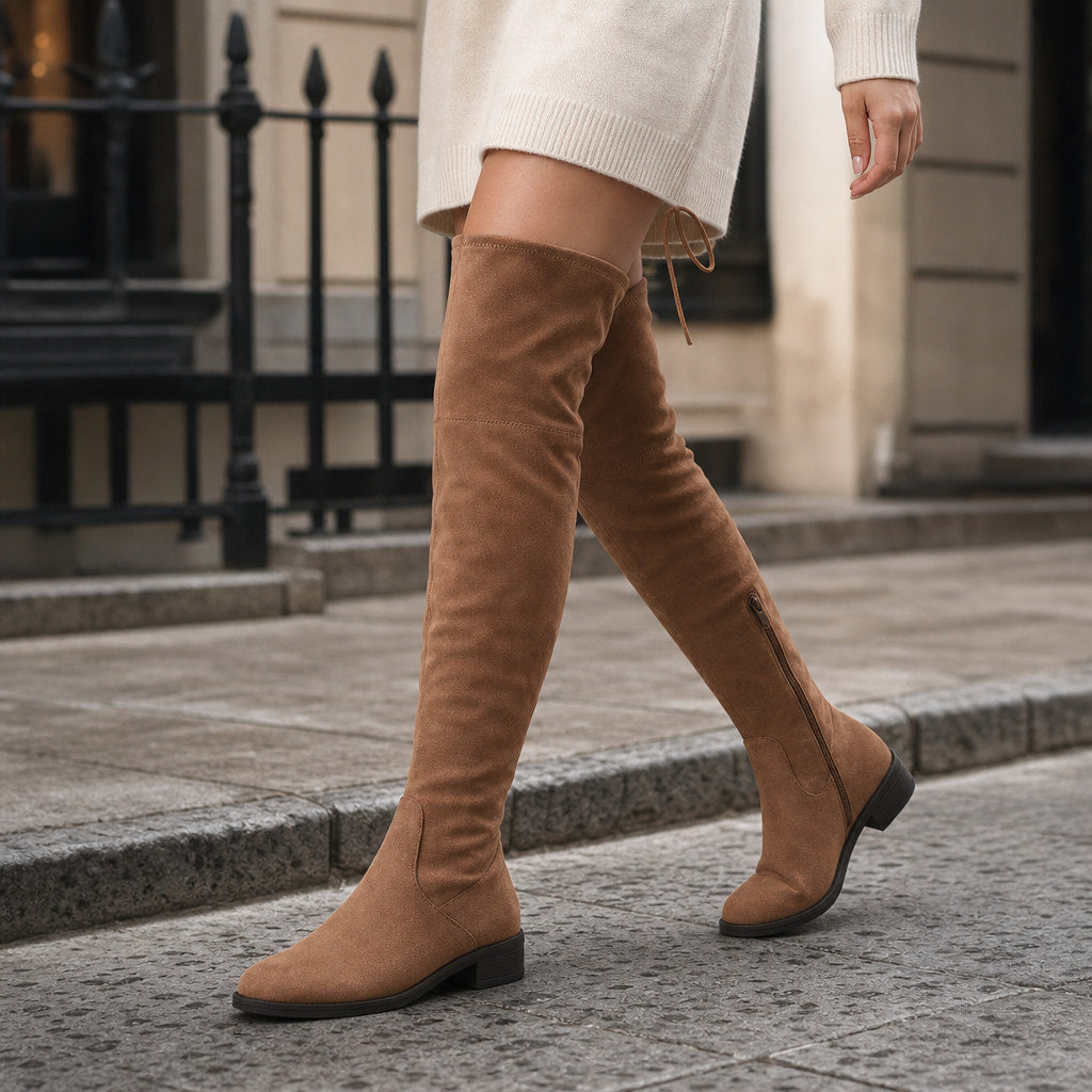 Cordelia - Women's Over-the-Knee Suede Boots Brown – Styled Editorial Shot