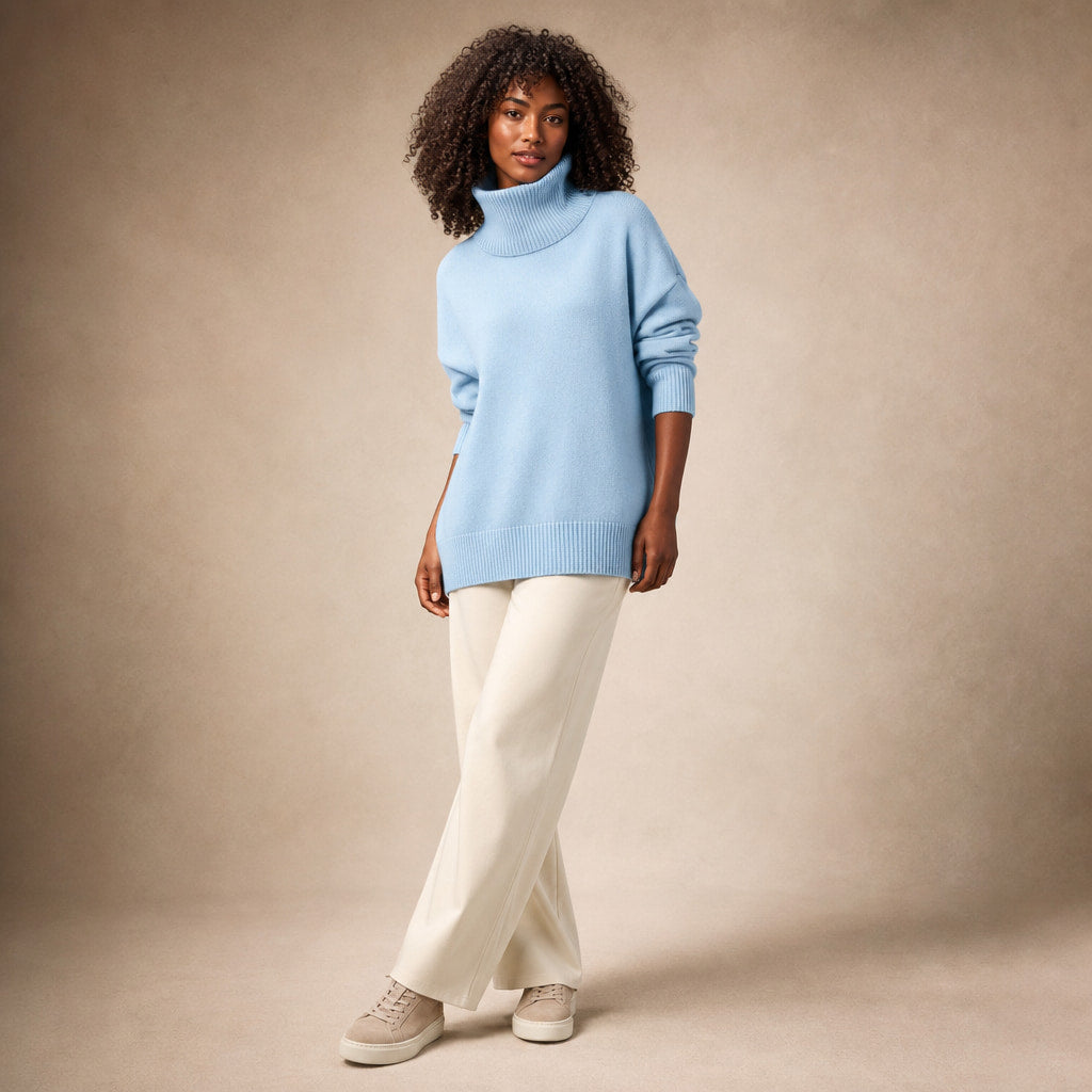 Cozy Oversized Turtleneck Sweater Light Blue – Side Angle View