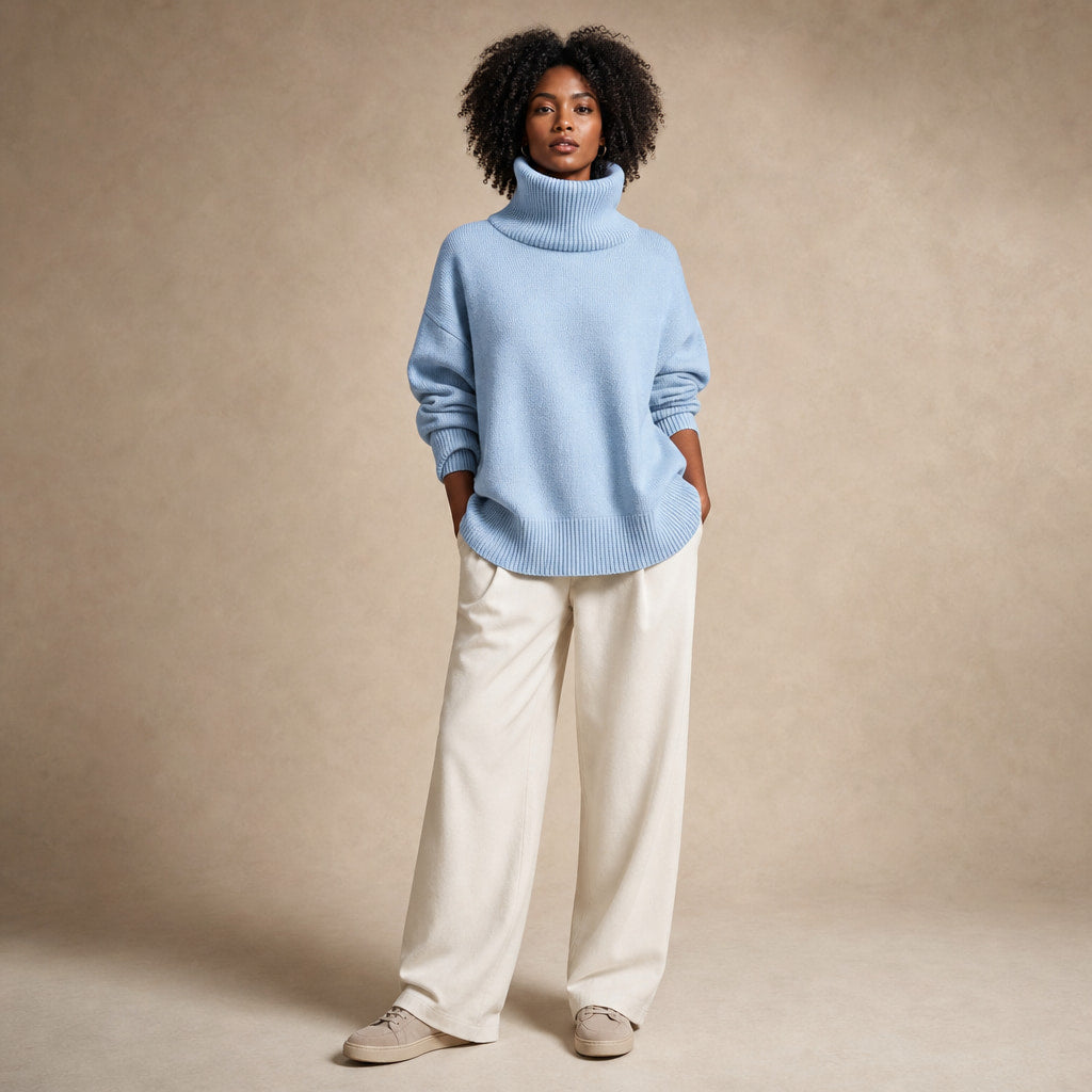 Cozy Oversized Turtleneck Sweater Light Blue – Full Look