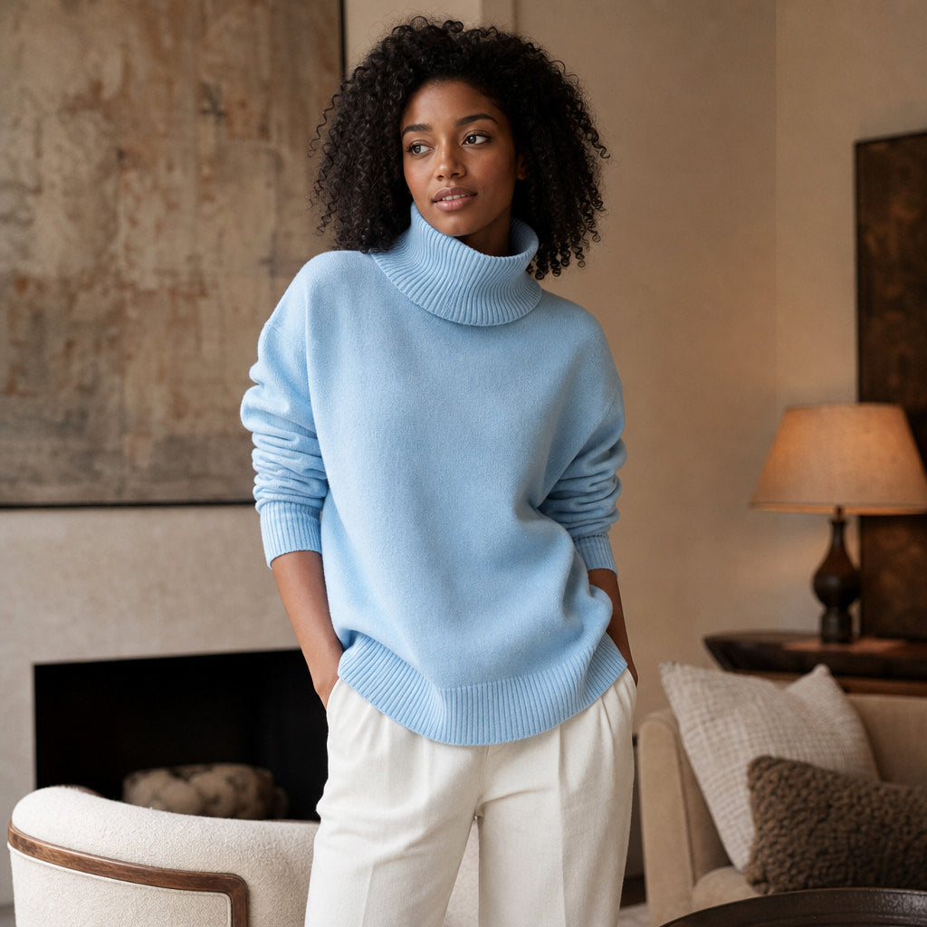 Cozy Oversized Turtleneck Sweater Light Blue – Styled Editorial Shot