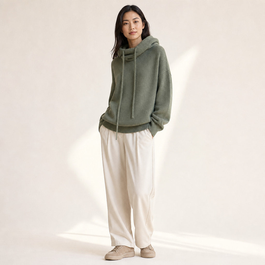 Cozy Women's Knit Hoodie - Soft Sweater for Relaxed Comfort Green – Side Angle View