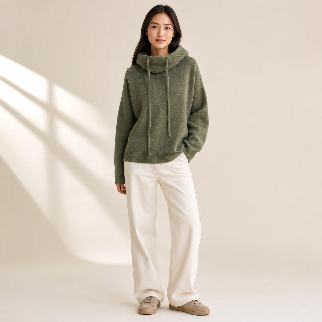 Cozy Women's Knit Hoodie - Soft Sweater for Relaxed Comfort Green – Full Look
