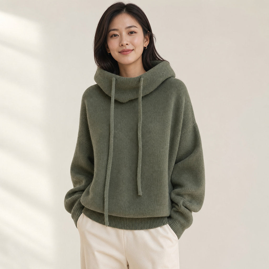 Cozy Women's Knit Hoodie - Soft Sweater for Relaxed Comfort in Green – Mampierimoda Premium Womenswear