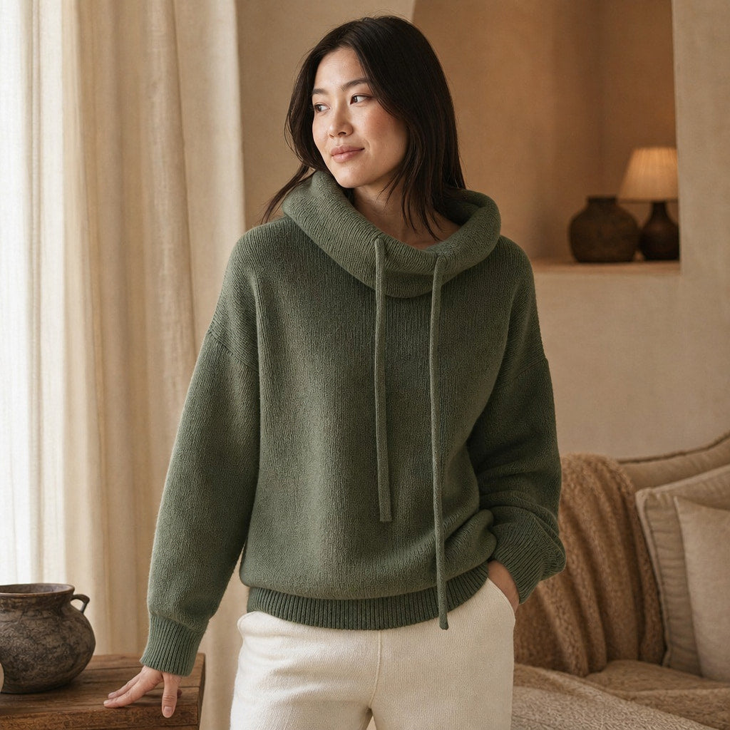 Cozy Women's Knit Hoodie - Soft Sweater for Relaxed Comfort Green – Styled Editorial Shot