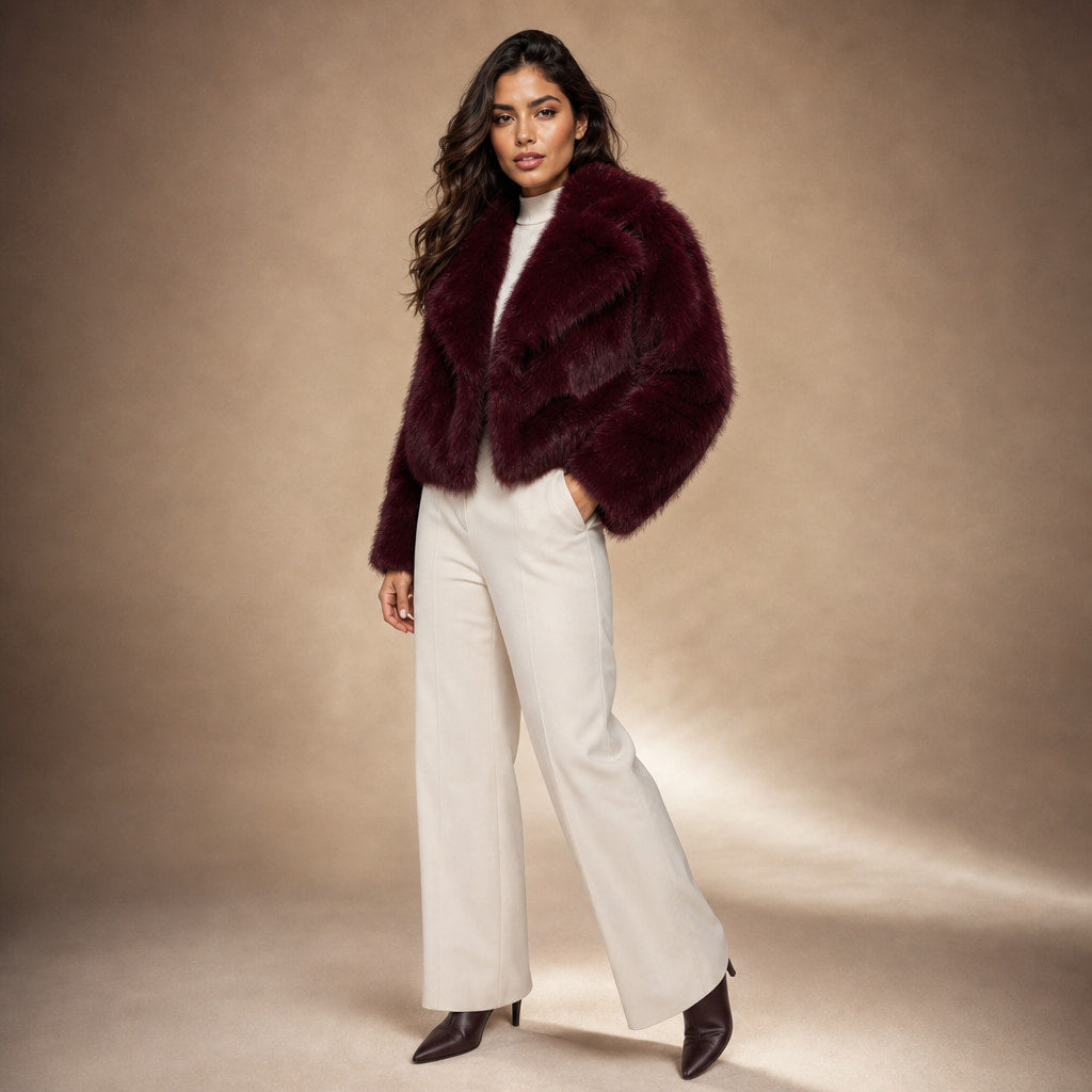 Faux Fur Short Coat Lapel Collar Wine Red Wine Red – Side Angle View