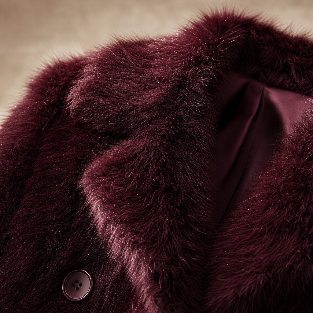 Faux Fur Short Coat Lapel Collar Wine Red Wine Red – Fabric and Detail Close-Up
